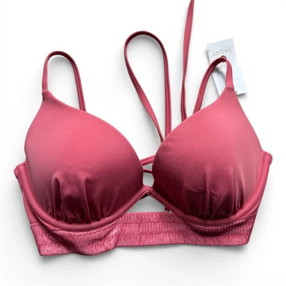 NWT Womens Shade & Shore Mauve Ruched Halter Bikini Swimsuit Top - Sz 34C / M